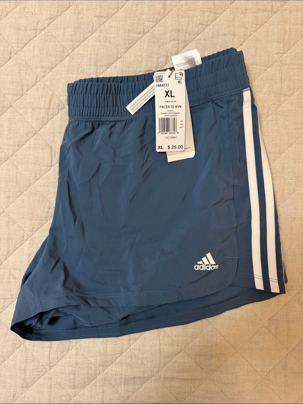 adidas Women's Blue Athletic Shorts with White Stripes - XL